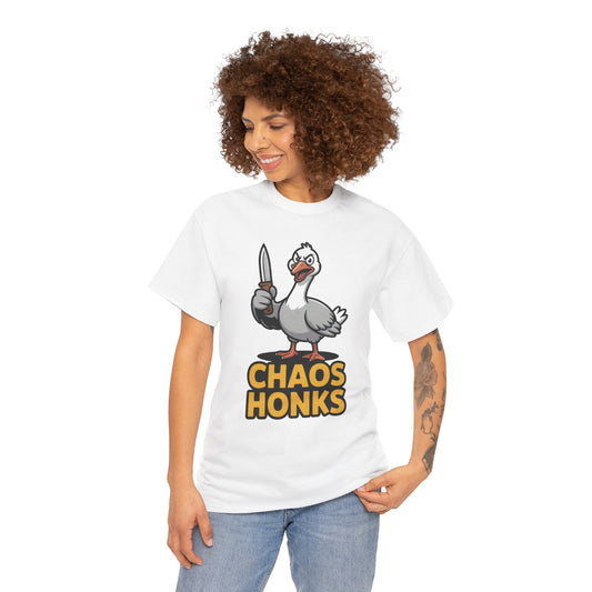 Model wearing white Chaos Honks goose meme t-shirt – funny novelty tee.