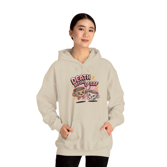Model wearing cream Death Before Decaf coffee hoodie – funny meme sweatshirt