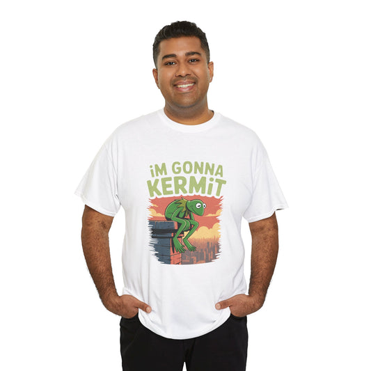 Model wearing white I’m Gonna Kermit frog meme t-shirt – funny novelty tee.