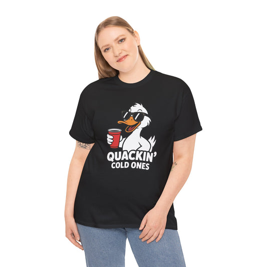 Model wearing black Quackin’ Cold Ones duck meme t-shirt – funny graphic tee.