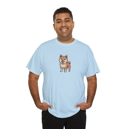 Model wearing light blue Shiba Inu dog graphic t-shirt – cute pet lover tee.