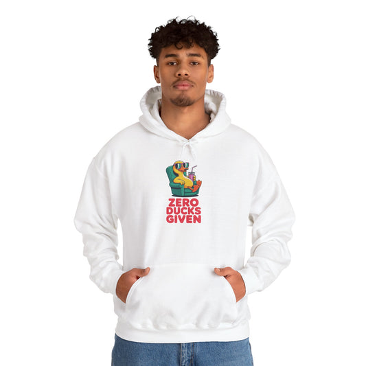 Model wearing white Zero Ducks Given hoodie – funny duck meme sweatshirt