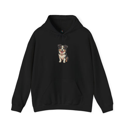 Flat lay of black Border Collie dog graphic hoodie – novelty dog lover sweatshirt.
