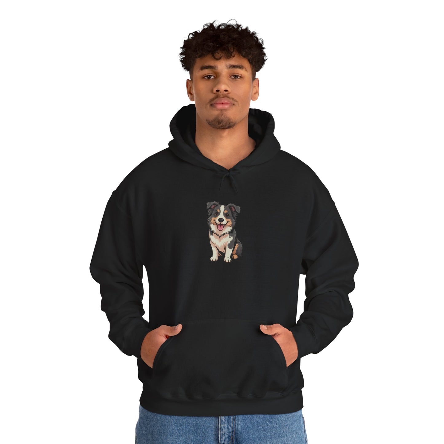 Model wearing black Border Collie dog graphic hoodie – cute pet lover sweatshirt.