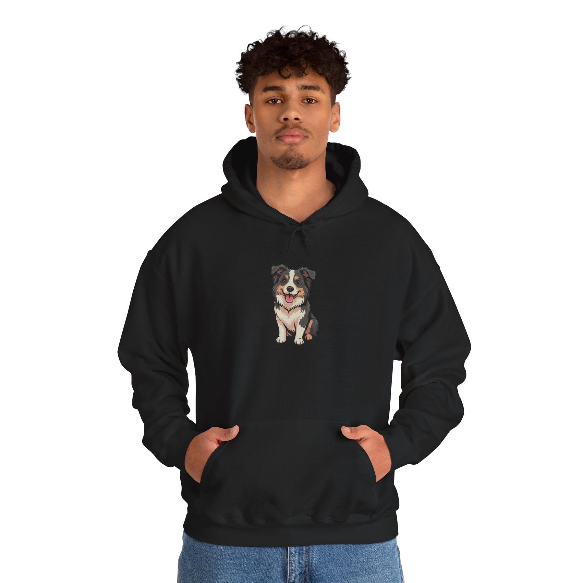 Model wearing black Border Collie dog graphic hoodie – cute pet lover sweatshirt.