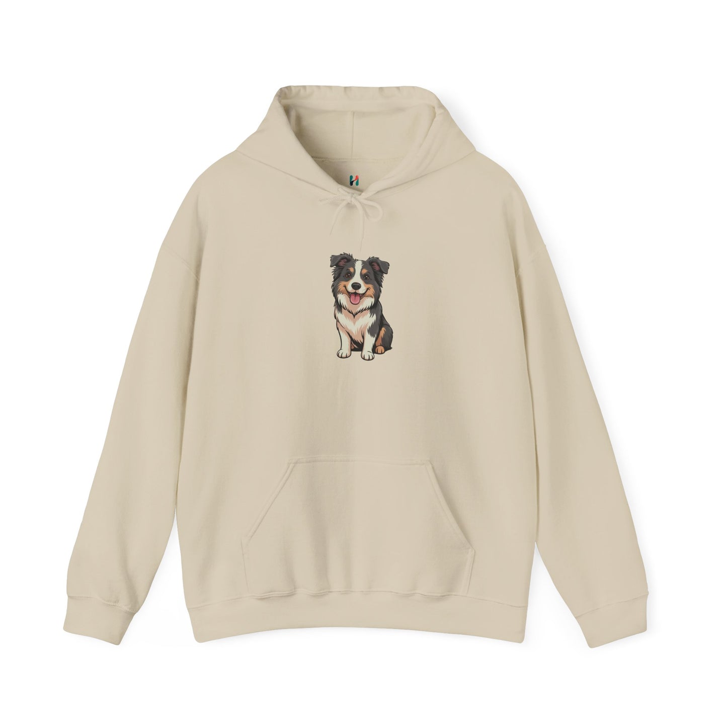 Flat lay of cream Border Collie dog graphic hoodie – novelty funny dog lover sweatshirt.