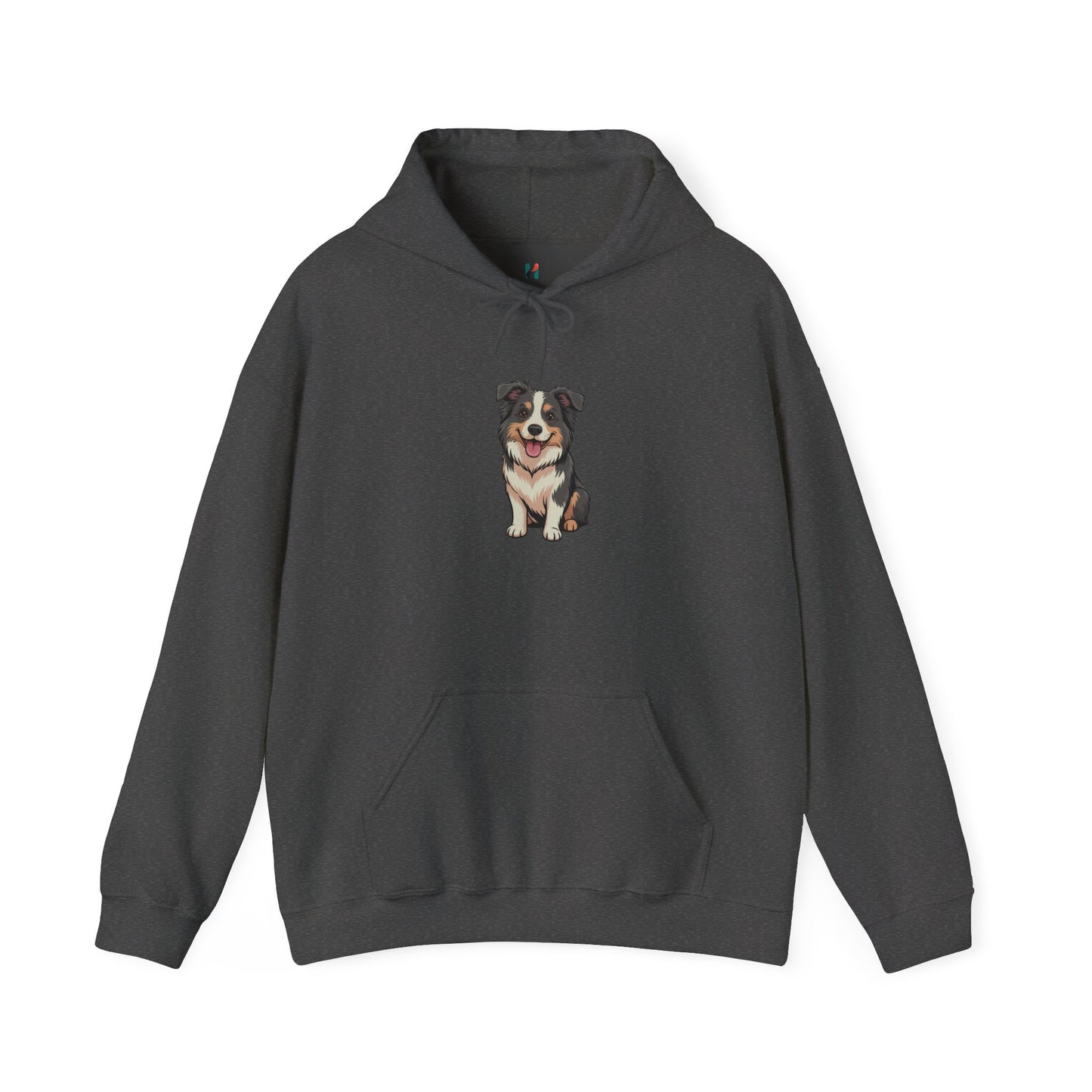 Flat lay of dark grey Border Collie dog graphic hoodie – novelty funny dog lover sweatshirt.