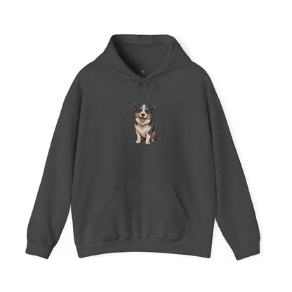 Flat lay of dark grey Border Collie dog graphic hoodie – novelty funny dog lover sweatshirt.