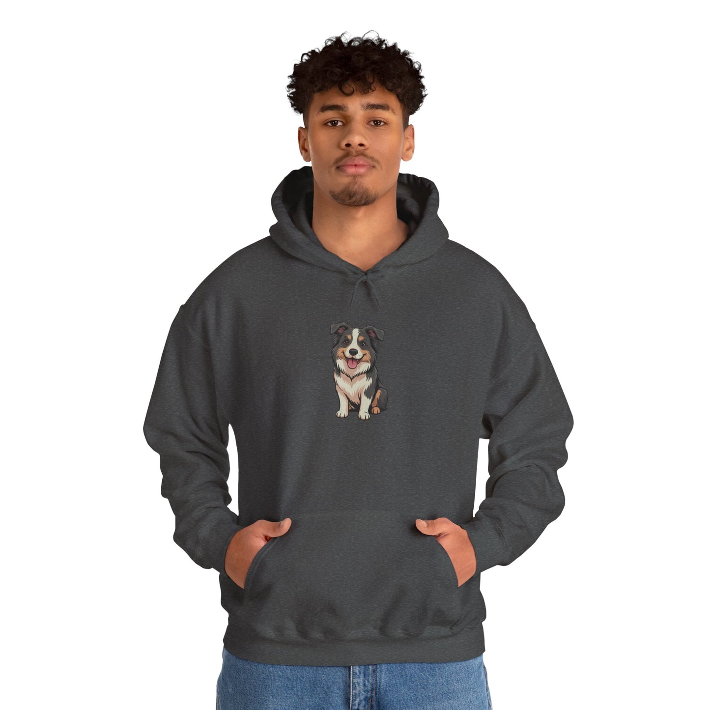 Model wearing dark grey Border Collie dog graphic hoodie – cute novelty sweatshirt.