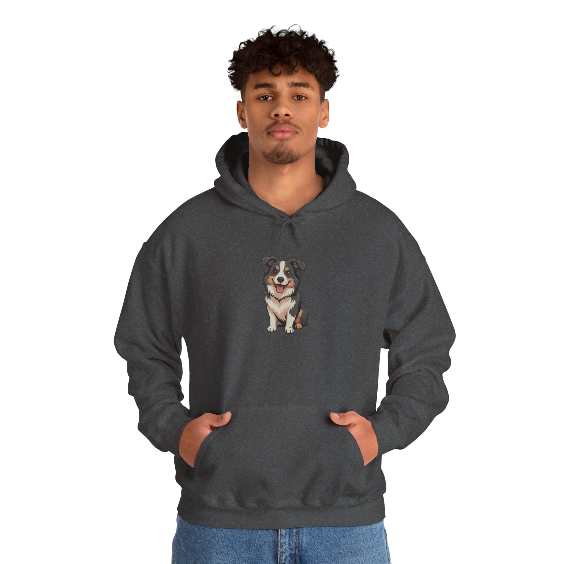 Model wearing dark grey Border Collie dog graphic hoodie – cute novelty sweatshirt.