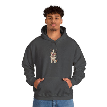 Model wearing dark grey Border Collie dog graphic hoodie – cute novelty sweatshirt.