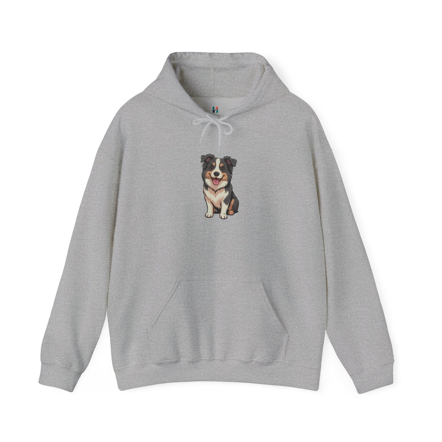 Flat lay of grey Border Collie dog graphic hoodie – novelty dog lover sweatshirt.