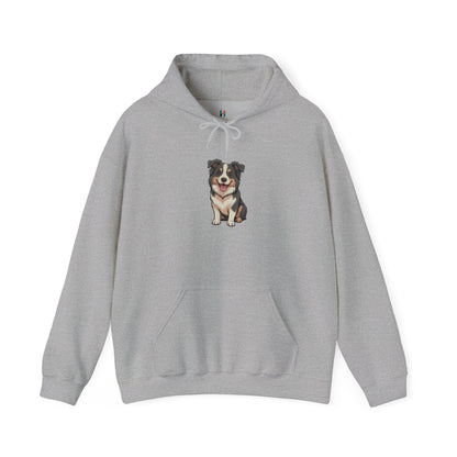 Flat lay of grey Border Collie dog graphic hoodie – novelty dog lover sweatshirt.