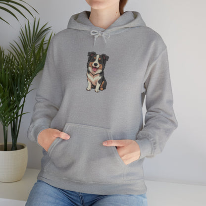 Model leaning against bench wearing grey Border Collie dog graphic hoodie – casual novelty graphic sweatshirt.