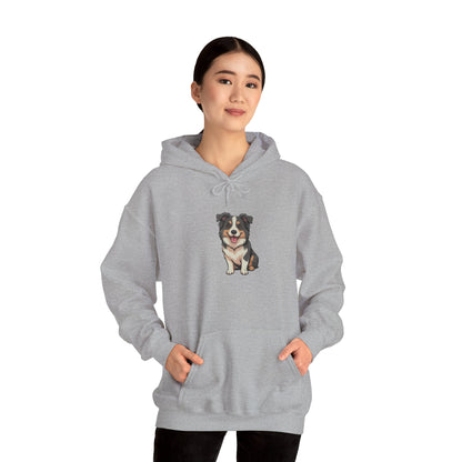Model wearing grey Border Collie dog graphic hoodie – cute pet lover sweatshirt.