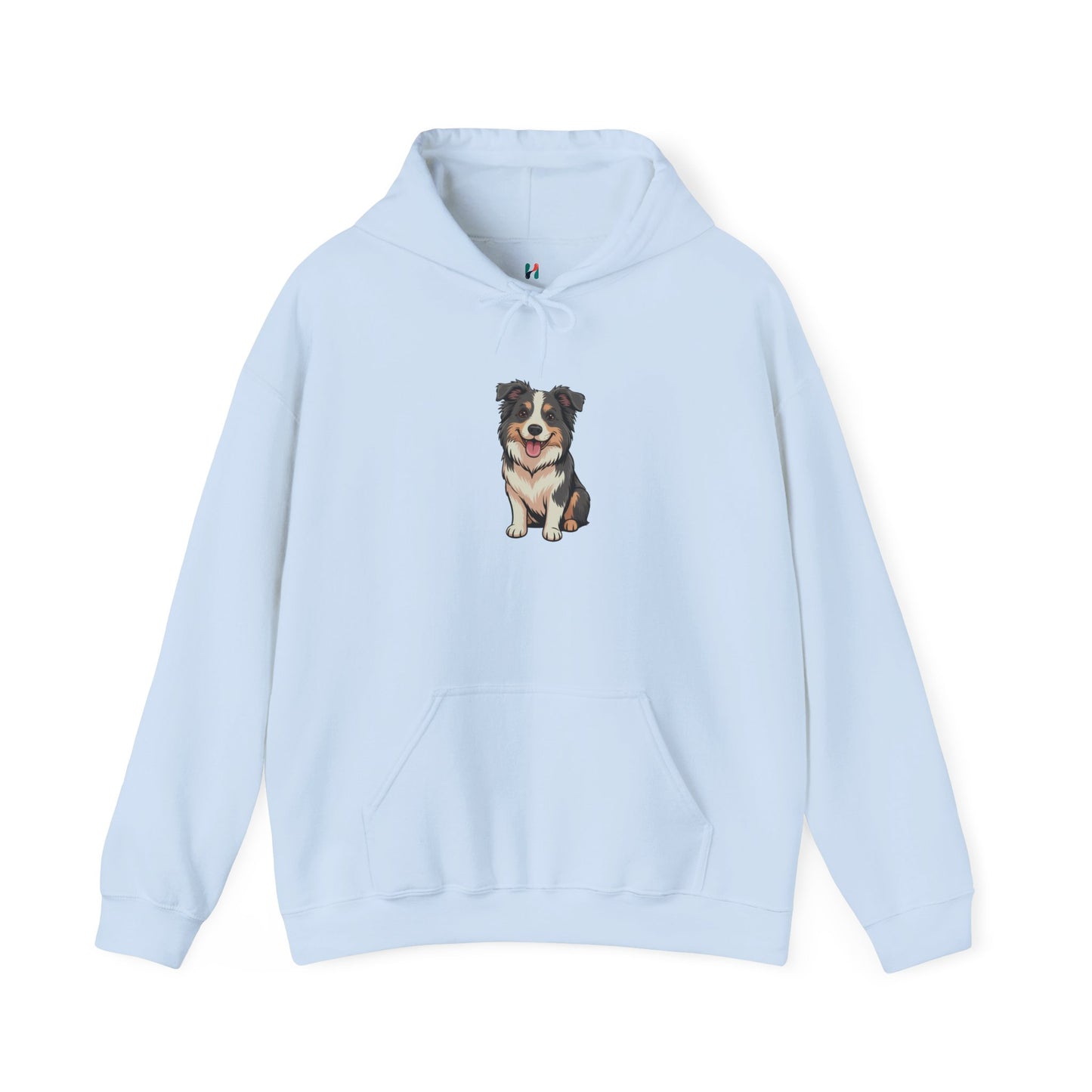 Flat lay of light blue Border Collie dog graphic hoodie – novelty funny dog lover sweatshirt.