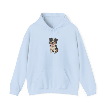 Flat lay of light blue Border Collie dog graphic hoodie – novelty funny dog lover sweatshirt.