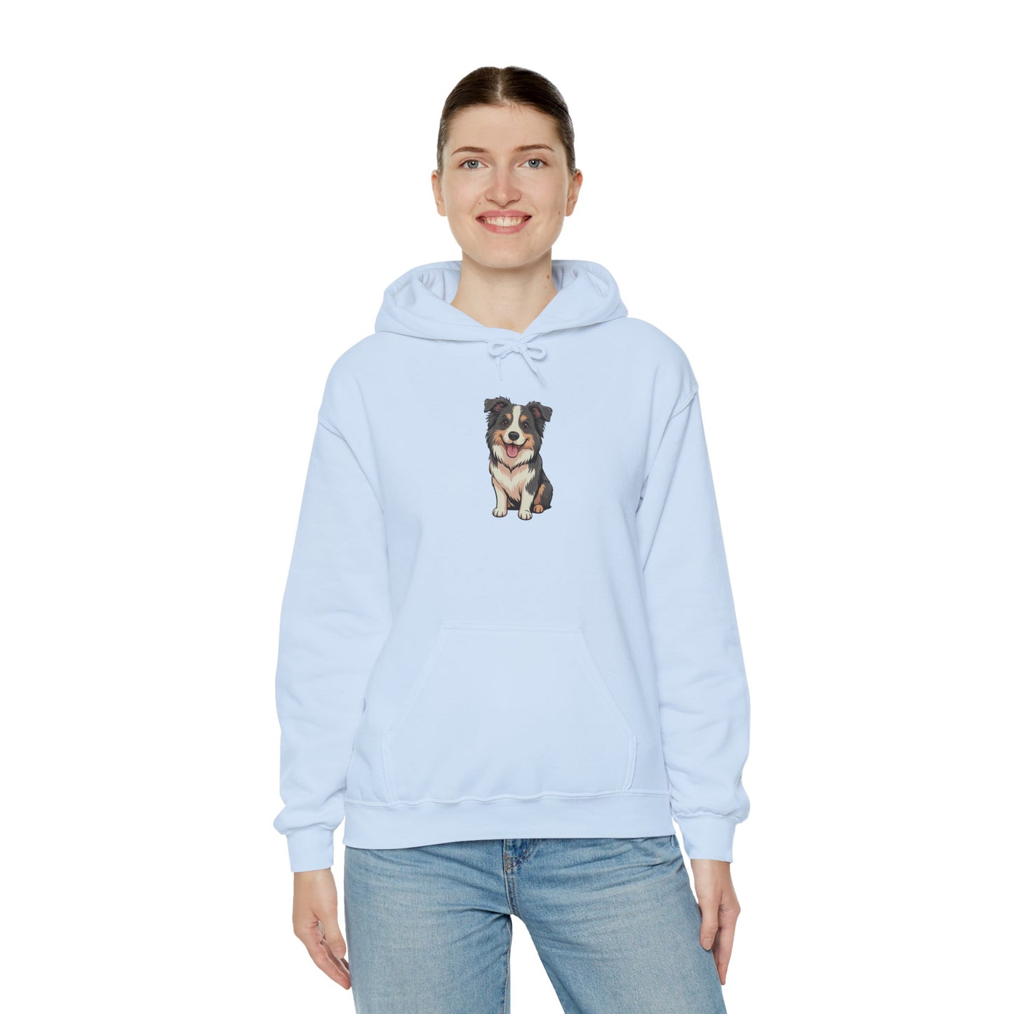 Model wearing light blue Border Collie dog graphic hoodie – cute pet lover sweatshirt.