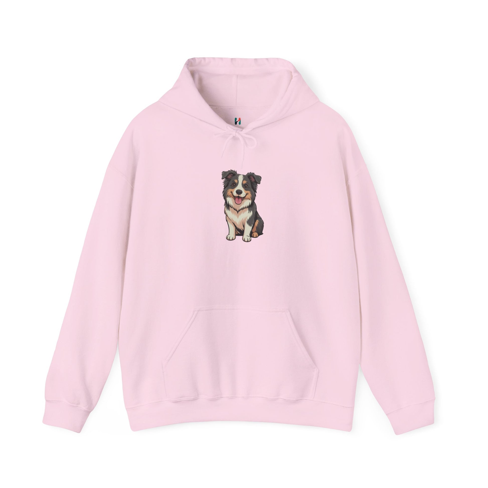 Flat lay of pink Border Collie dog graphic hoodie – novelty funny dog lover sweatshirt.