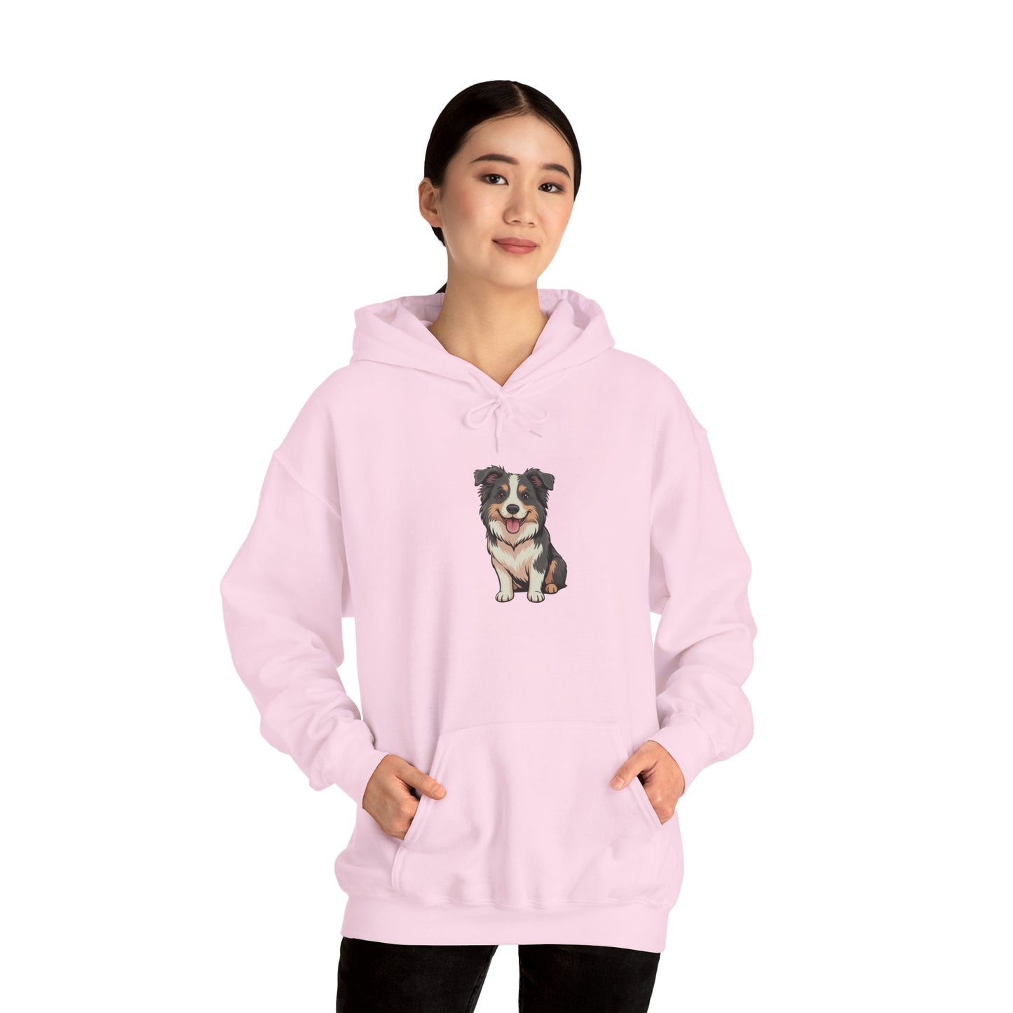 Model wearing pink Border Collie dog graphic hoodie – cute novelty sweatshirt