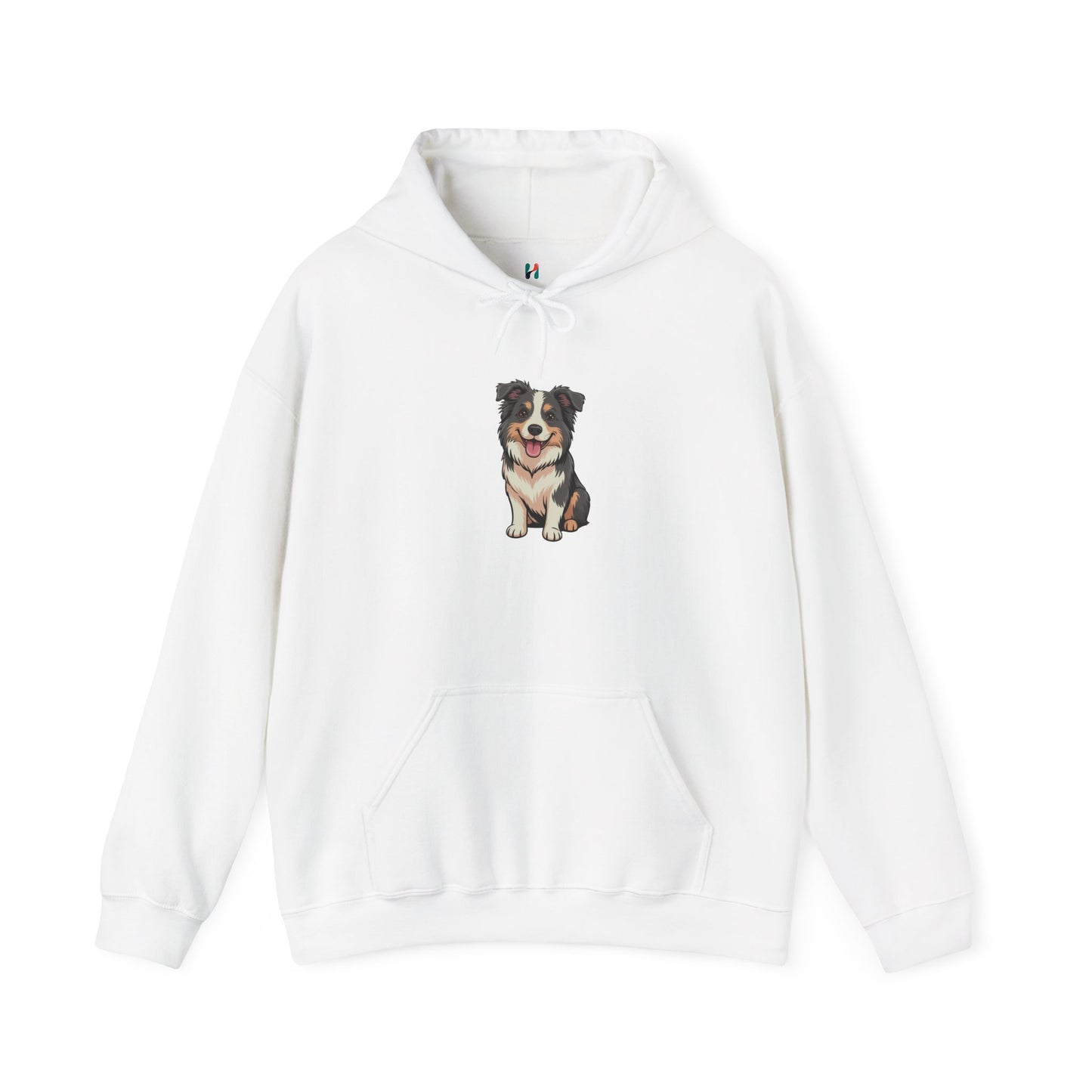 Flat lay of white Border Collie dog graphic hoodie – cute dog lover sweatshirt.