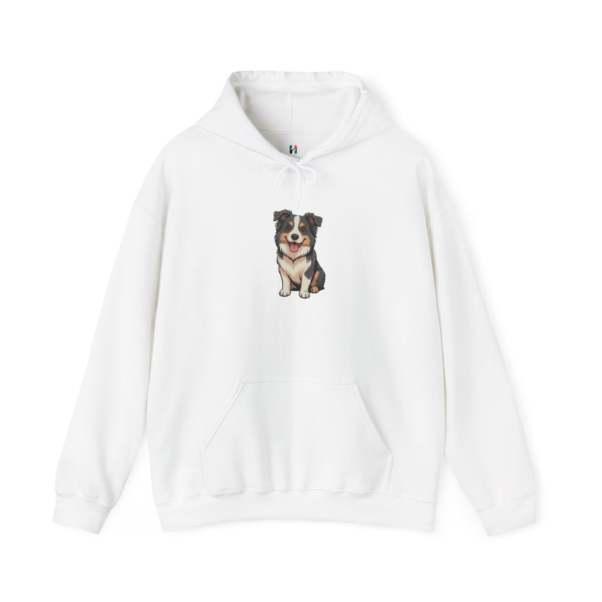 Flat lay of white Border Collie dog graphic hoodie – cute dog lover sweatshirt.