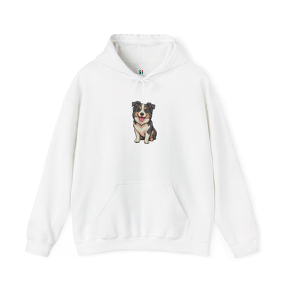 Flat lay of white Border Collie dog graphic hoodie – cute dog lover sweatshirt.