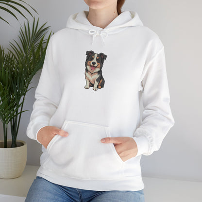 Model leaning against bench wearing white Border Collie dog graphic hoodie – casual novelty pet lover hoodie.