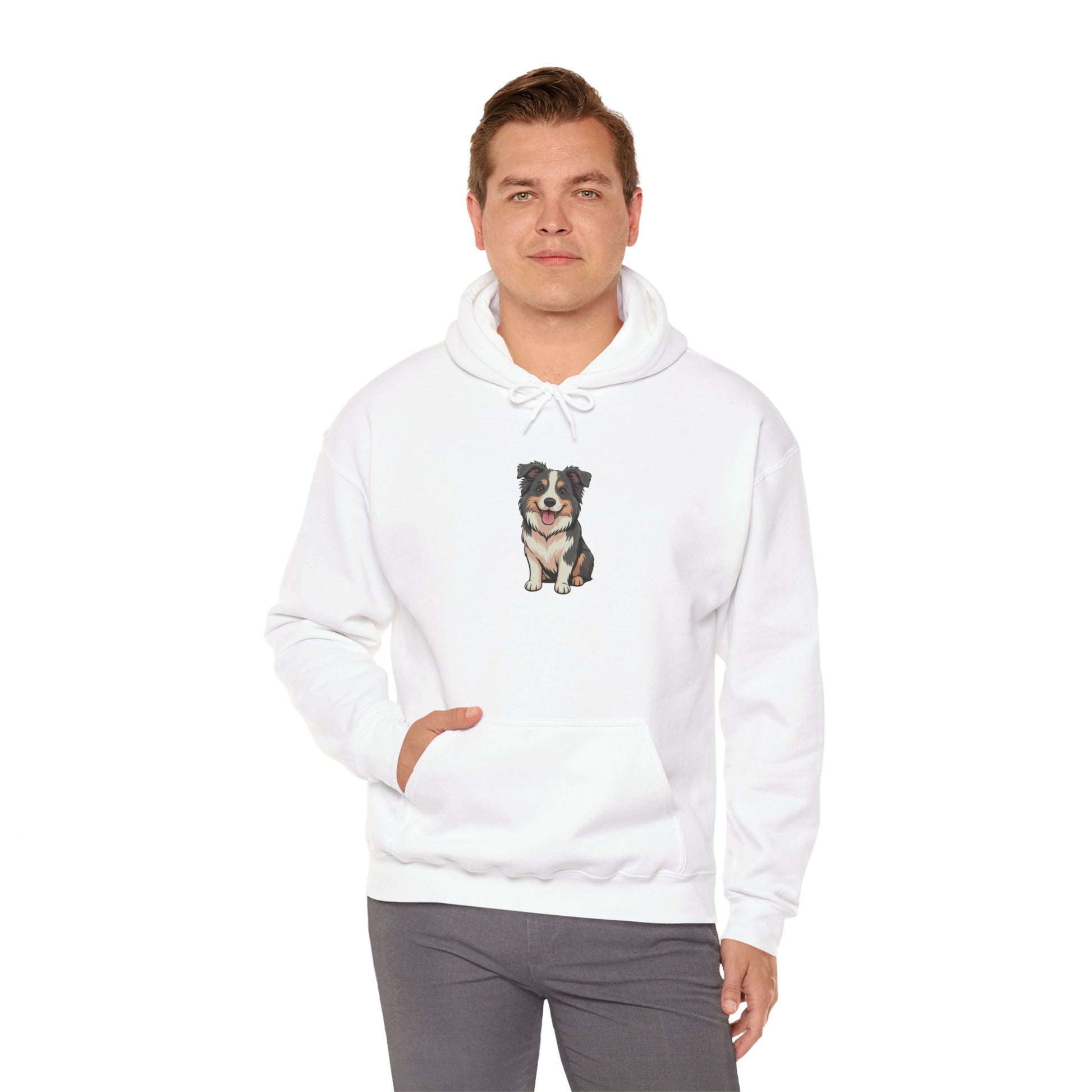 Model wearing white Border Collie dog graphic hoodie – novelty pet lover sweatshirt.