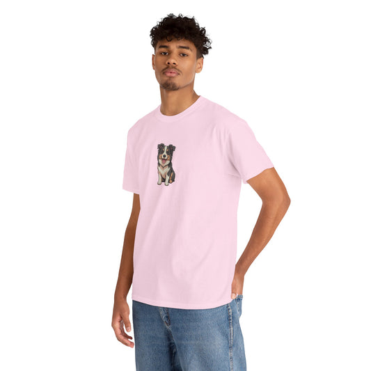 Model wearing pink Border Collie dog graphic t-shirt – cute pet parody tee.