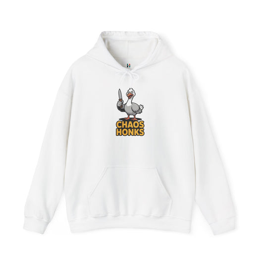Flat lay of white Chaos Honks goose meme hoodie – novelty funny goose lover sweatshirt