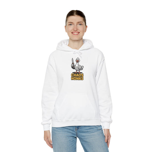 Model wearing white Chaos Honks goose meme hoodie – funny animal parody sweatshirt