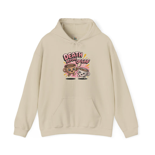 Flat lay of cream Death Before Decaf coffee hoodie – novelty caffeine addict sweatshirt