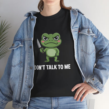 Model in blue denim jacket wearing black Don’t Talk to Me frog meme shirt – casual funny graphic tee outfit.