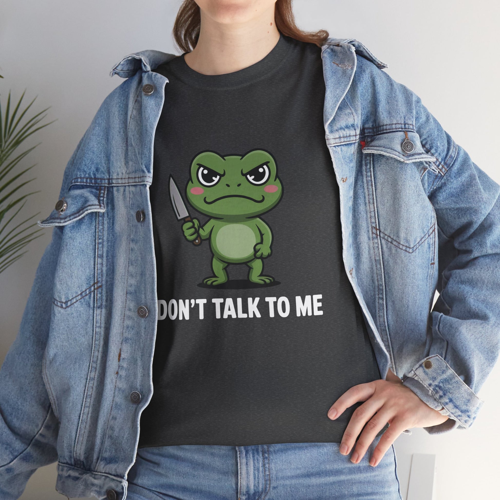 Model in blue denim jacket wearing dark grey Don’t Talk to Me frog shirt – casual meme outfit graphic tee.