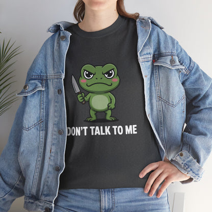 Model in blue denim jacket wearing dark grey Don’t Talk to Me frog shirt – casual meme outfit graphic tee.