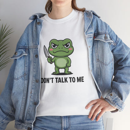 Model in blue denim jacket wearing white Don’t Talk to Me frog shirt – casual novelty graphic tee outfit.