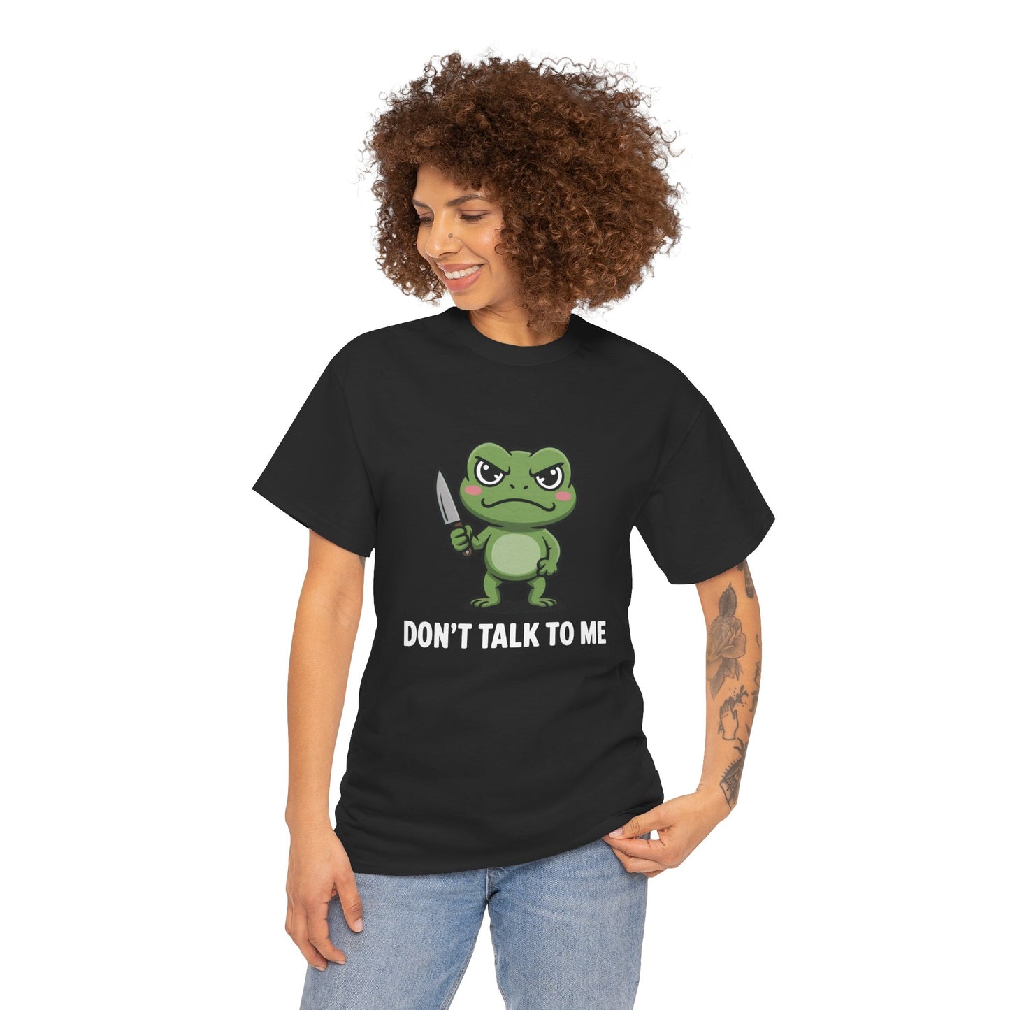 Model wearing funny frog meme shirt – Don’t Talk to Me design, front view