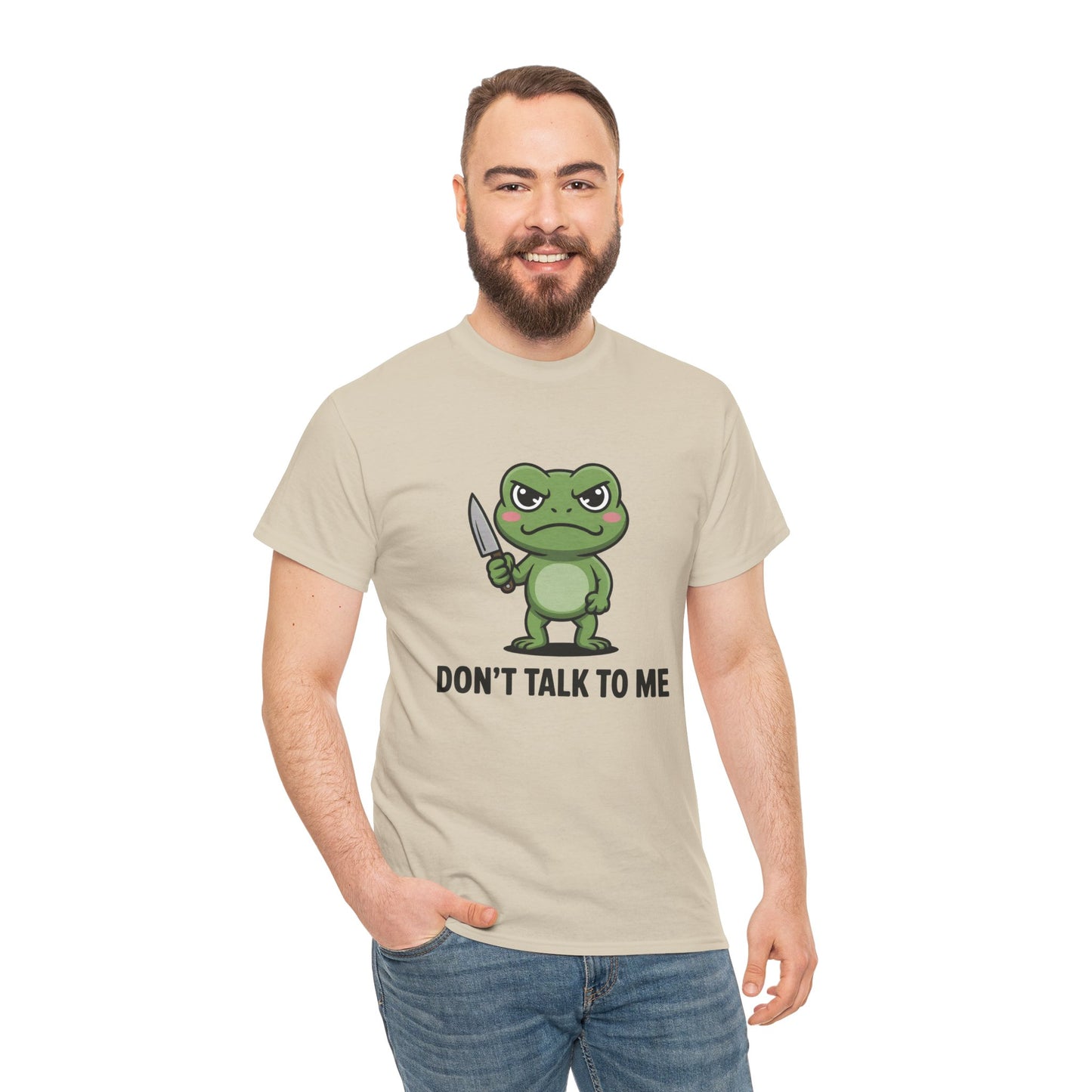 Model wearing cream Don’t Talk to Me frog meme t-shirt – funny novelty tee.