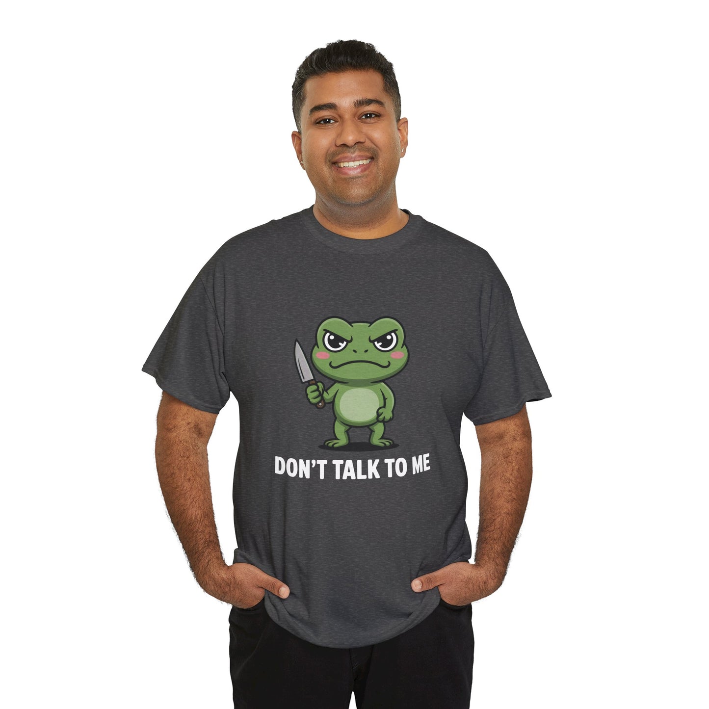 Model wearing dark grey Don’t Talk to Me frog meme t-shirt – funny graphic tee.