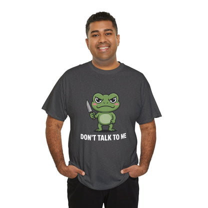 Model wearing dark grey Don’t Talk to Me frog meme t-shirt – funny graphic tee.
