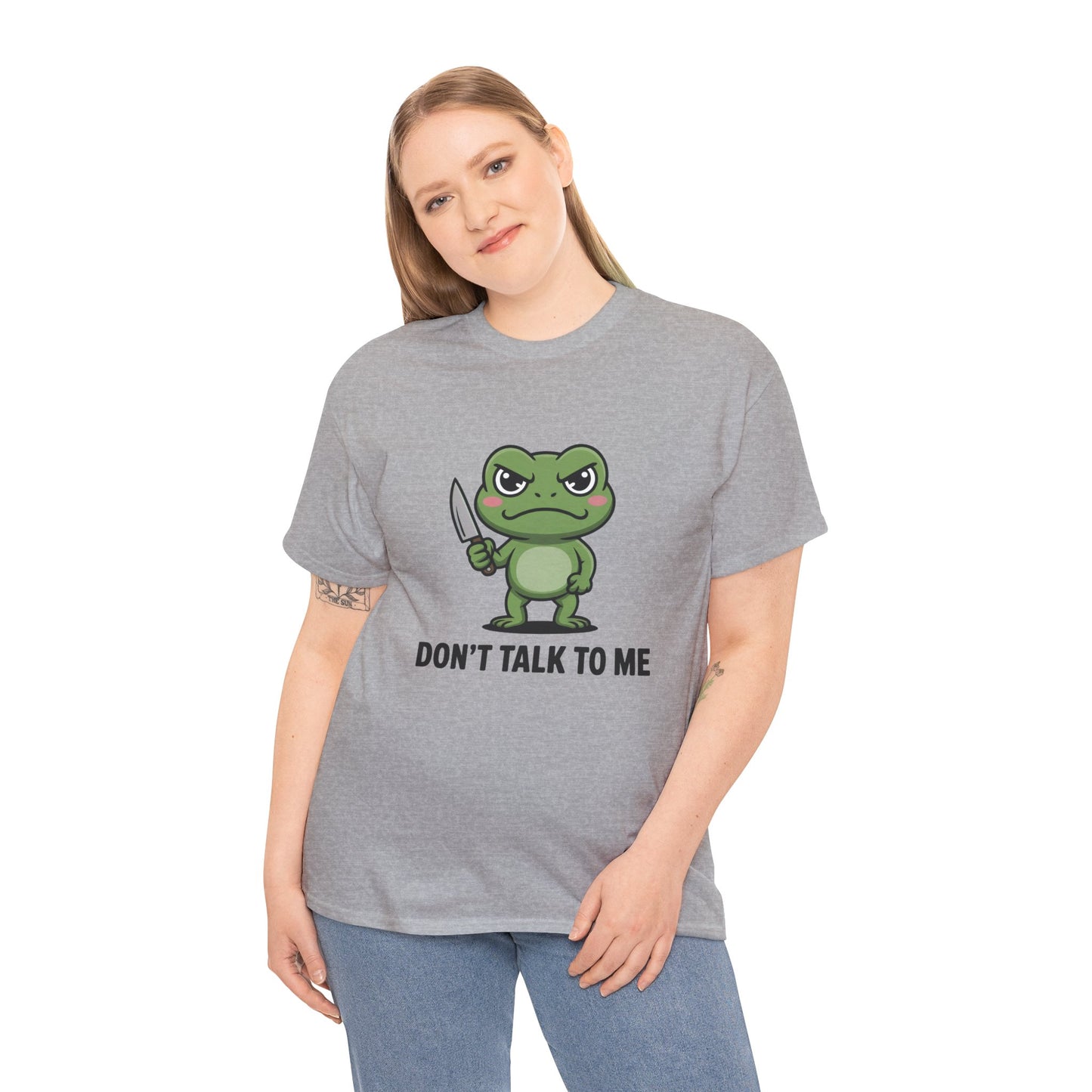 Model wearing grey Don’t Talk to Me frog meme t-shirt – funny novelty tee.
