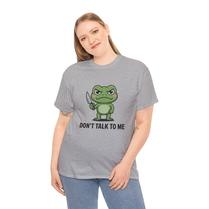 Model wearing grey Don’t Talk to Me frog meme t-shirt – funny novelty tee.