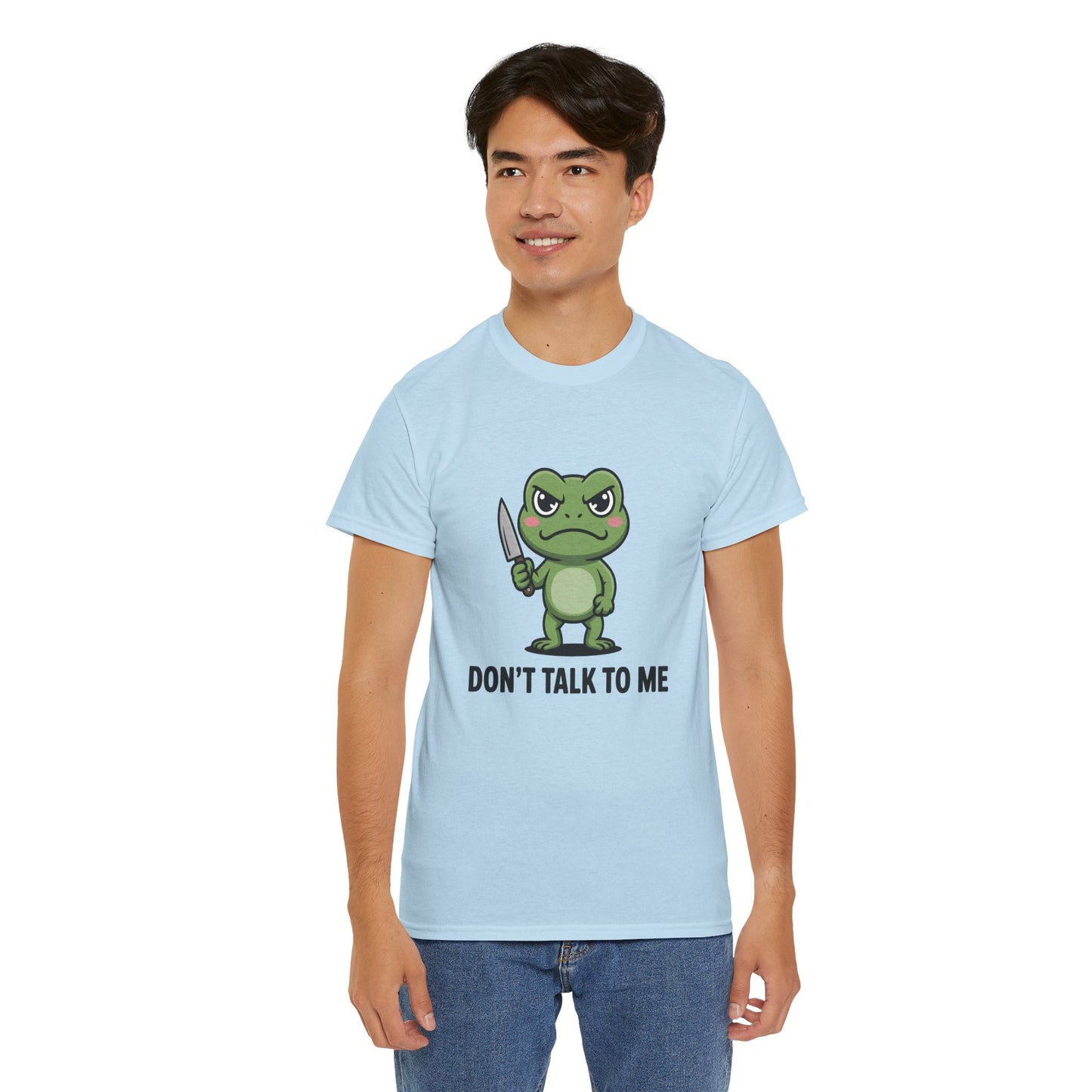 Model wearing light blue Don’t Talk to Me frog meme t-shirt – funny graphic tee.