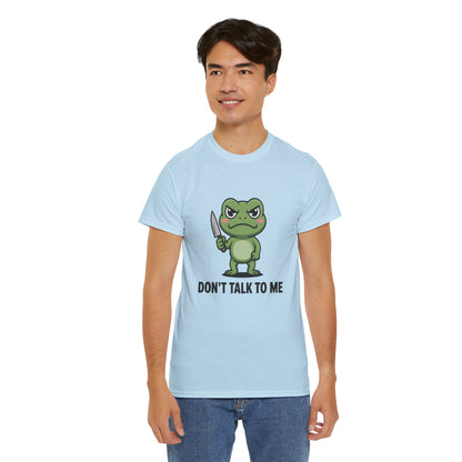 Model wearing light blue Don’t Talk to Me frog meme t-shirt – funny graphic tee.