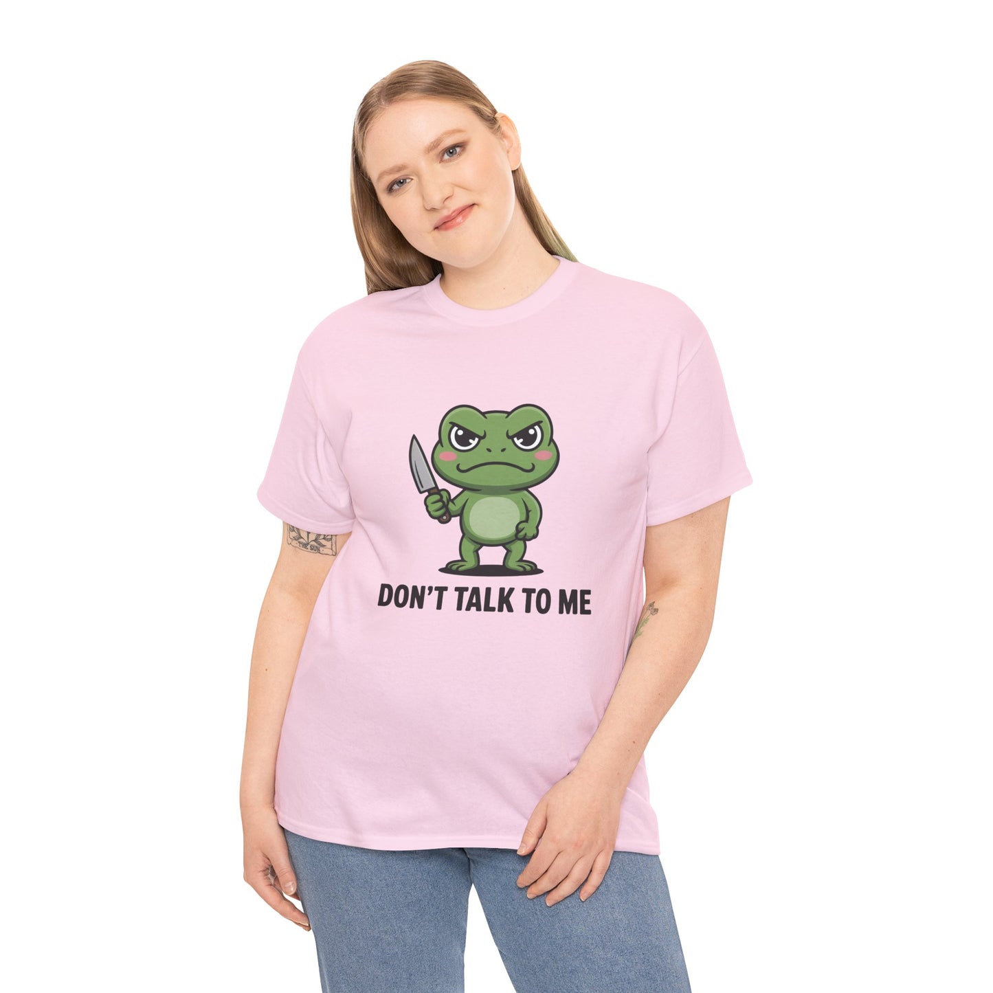 Model wearing pink Don’t Talk to Me frog meme t-shirt – funny cute graphic tee.