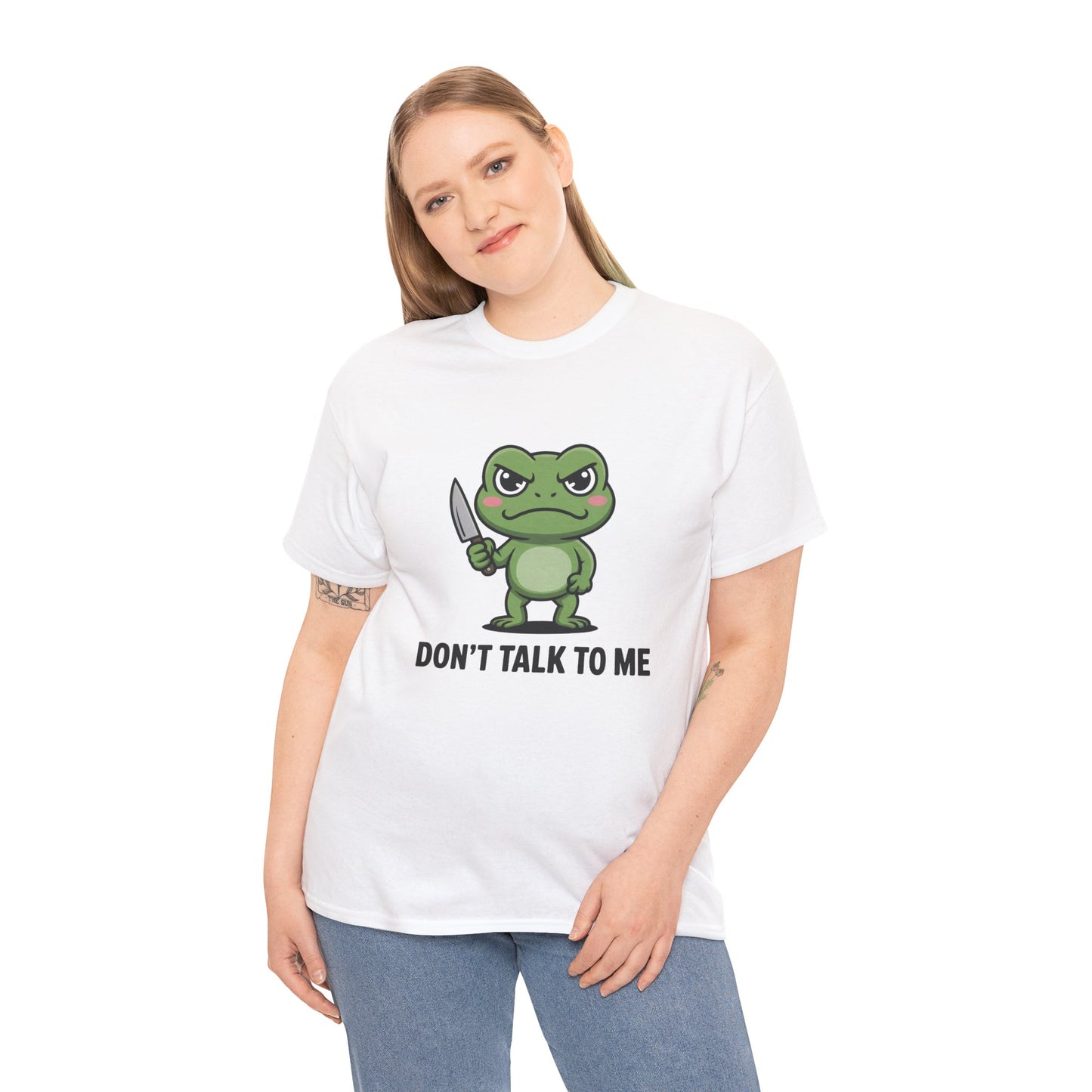 Model wearing white Don’t Talk to Me frog meme t-shirt – funny novelty tee.