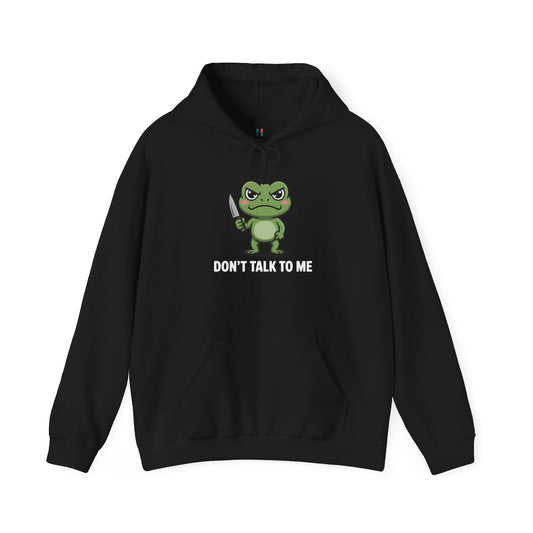 Flat lay of black Don’t Talk to Me frog hoodie – novelty meme sweatshirt
