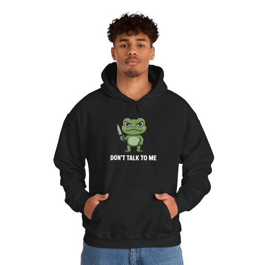 Model wearing black Don’t Talk to Me frog hoodie – funny meme sweatshirt