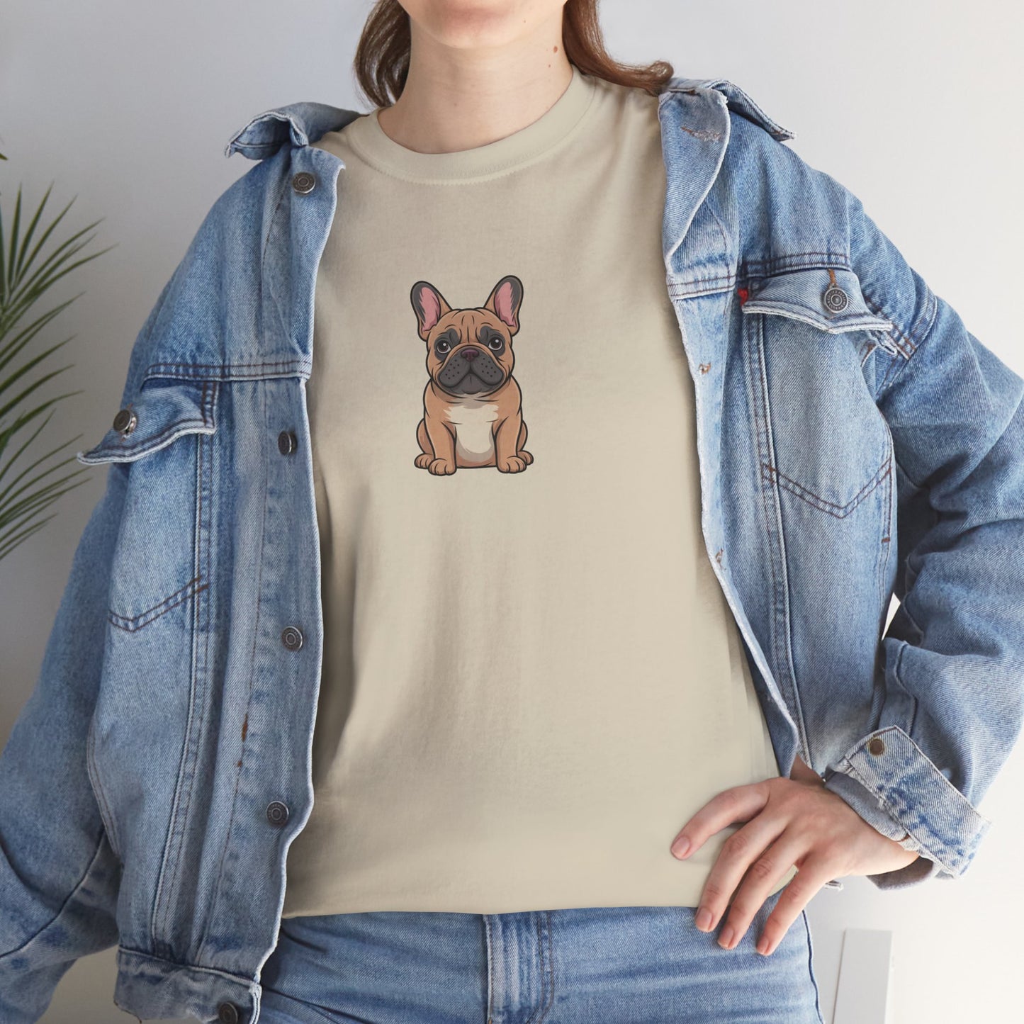 Model in denim jacket wearing cream French Bulldog dog graphic shirt – casual novelty graphic pet tee.